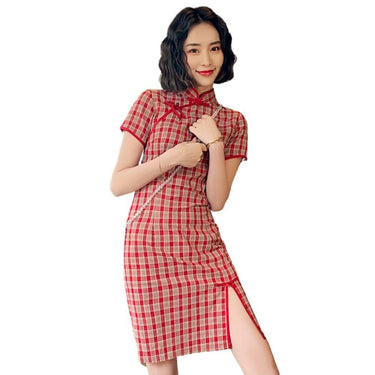 Slim Fit Chinese Vintage Style Short Sleeve Plaid Pattern Dress Womens Cotton Mini Dress Qipao Collar Sexy High Split Cheongsam from NSE Imports #2.